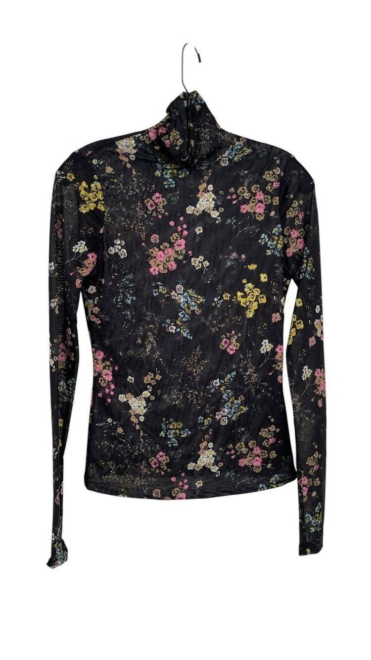 Cinq A Sept Sakura Top Turtleneck Sheer Mesh Black Floral Size XS